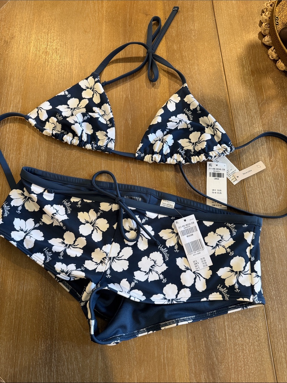 Hollister Navy & White Floral Triangle Bikini Top with Matching bottoms